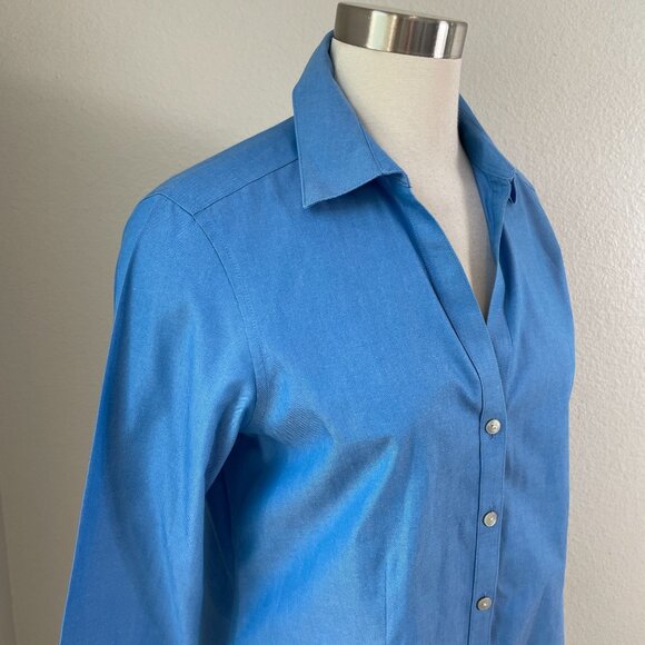 Foxcroft Womens 8 Blue Non Iron Fitted Button Up Shirt 3/4 Sleeve Blouse - Picture 2 of 10